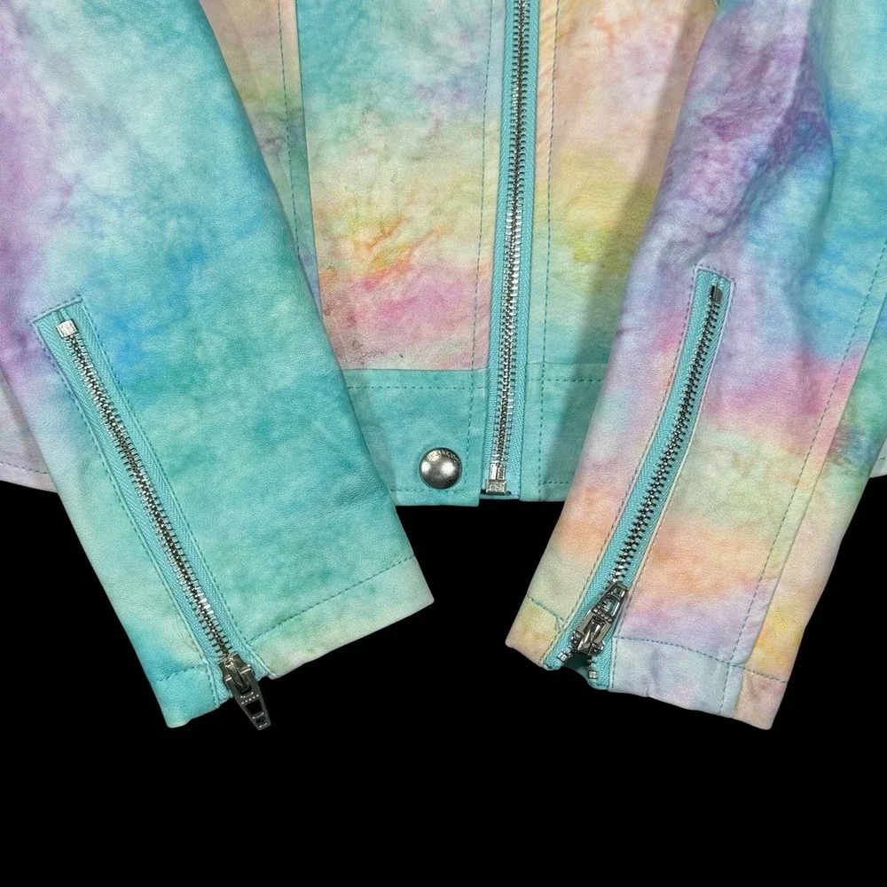 Blank NYC Girls Pastel Tie Dye Faux Leather Moto Jacket Zip Front Size 12 Large